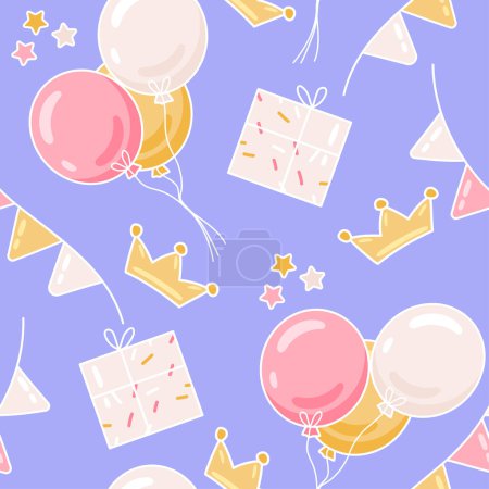 Illustration for Colorful seamless pattern of celebration, party. Cute bright balloons, gifts, flags. Vector celebration background. Perfect for wrapping paper, scrapbooking, textile prints, wallpaper - Royalty Free Image