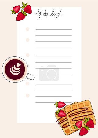 Illustration for Belgian waffles vector illustration. Waffles with cup of coffee. Healthy eating, cooking, breakfast menu, dessert, recipes. Perfect for banner, website, poster, menu.Ideal for sheet, planner, to-do list, notes, notepad, diary. - Royalty Free Image