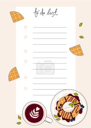Illustration for Belgian waffles vector illustration. Waffles with ice cream. Healthy eating, cooking, breakfast menu, dessert, recipes. Perfect for poster, menu, sheet, planner, to-do list, notes, notepad, diary. - Royalty Free Image
