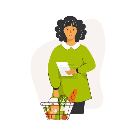 Illustration for Eat Healthy Food. Woman holding a basket of groceries and a shopping list. Vegetarian or gluten free concept. Can be used for social media banner, web page, flyer. Cartoon Doodle Vector Illustration. - Royalty Free Image