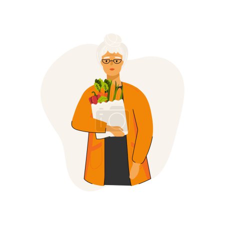 Illustration for Senior woman holds a package with groceries. Healthy food, fruits and vegetables in an eco-bag. Concept of healthy eating, pensioners healthy lifestyle. Can be used for social media banner, web page, flyer and other. Vector illustration - Royalty Free Image