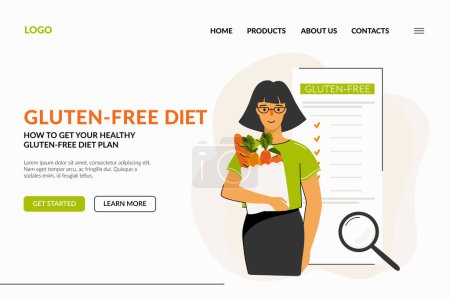 Illustration for A webpage about the gluten-free diet. A woman reads information about a healthy eating plan and buys groceries. The concept of gluten free diet, diet food, meal planning, wellness and shopping. Vector illustration - Royalty Free Image
