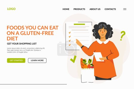 Illustration for A webpage about the gluten-free diet. A woman is reading information about foods she can eat on a diet. The concept of a gluten-free diet, diet food, meal planning and shopping. Vector illustration - Royalty Free Image