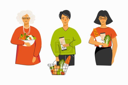 Illustration for Eat Healthy Food. Different people holding a basket or bag of groceries. Concept of healthy eating, healthy lifestyle, meal planing. Can be used for social media banner, web page and other. Vector Illustration - Royalty Free Image