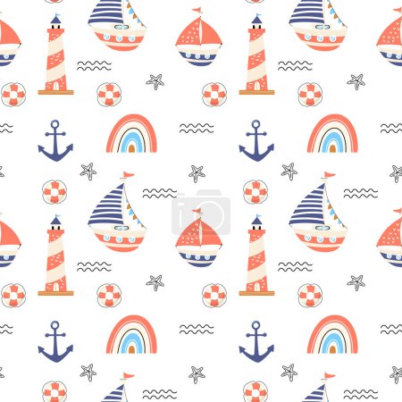 Illustration for Seamless vector pattern with hand drawn sailing yachts, lighthouses and anchors. Summer bright background for fabric design. Design for kids - Royalty Free Image