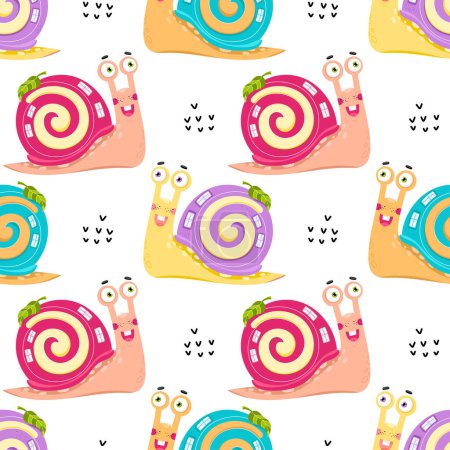 Illustration for Seamless pattern with cute snail. For card, posters, printing on the pack, clothes, fabric, wallpaper, textile or dishes. - Royalty Free Image