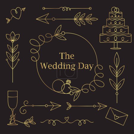 Illustration for Wedding day. Hand drawn gold elements for wedding design. Frames, arrows, rings and cake with leaves. Doodle vector illustration - Royalty Free Image