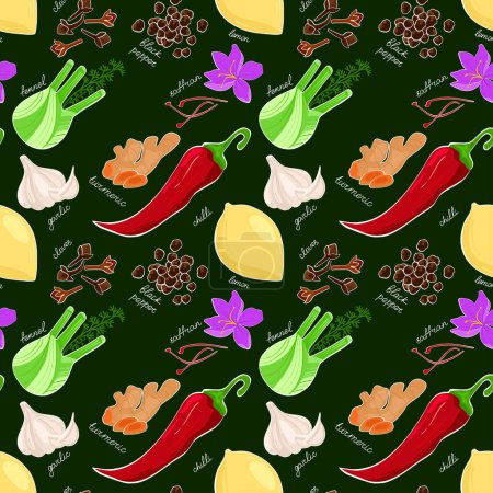 Illustration for Spices and herbs seamless pattern. Hand drawn vector illustration. Turmeric, cloves, pepper on dark background. Perfect for use to create culinary projects, branding, logo, menus, packaging, patterns, prints, textile design. - Royalty Free Image