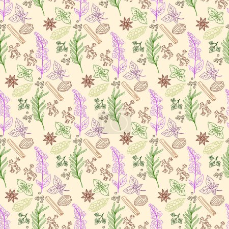 Ilustración de Spices and herbs seamless pattern. Vector illustration. Line art. Perfect for use to create culinary projects, branding, logo, menus, packaging, patterns, prints, textile design. - Imagen libre de derechos