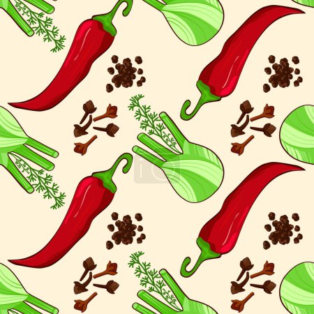 Photo for Seamless pattern with pepper and fennel.  Hand drawn vector illustration. Perfect for use to create culinary projects, branding, logo, menus, packaging, patterns, prints, textile design - Royalty Free Image