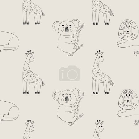 Téléchargez les illustrations : Motif animaux Safari, imprimé enfants d'été. Mignon vecteur linéaire. Girafe, lion, koala. - en licence libre de droit