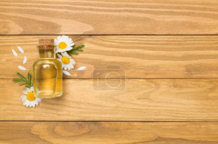 Foto de Botella con aceite esencial de manzanilla y flores sobre fondo de madera, vista superior - Imagen libre de derechos