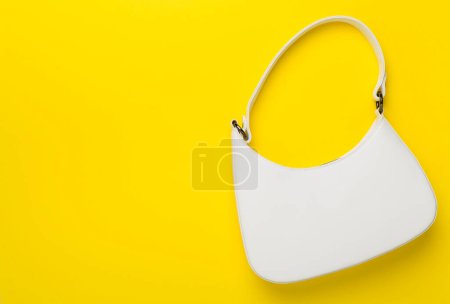Trendy woman bag on color background, top view