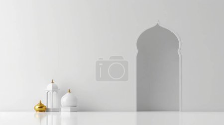 Fond de décoration islamique avec lanterne et croissant de lune style luxe, Ramadan kareem, mawlid, iftar, isra miraj, eid al fitr adha, muharram, zone de texte de l'espace de copie, illustration 3D.