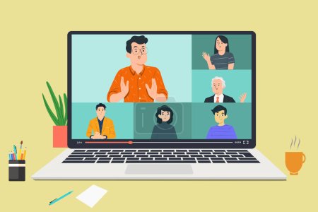 Online video conference meeting. People on computer screen taking with colleague. Vector illustration.