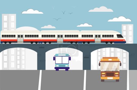 Ilustración de El tren cruza el puente y dos autobuses de transporte público circulan por la carretera. Ilustración vectorial plana. - Imagen libre de derechos