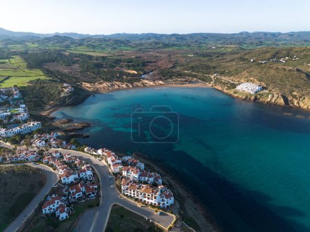 Foto de Vista aérea de Cala Tirant en Playas de Fornells, Menorca, Islas Baleares - Imagen libre de derechos