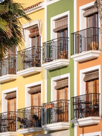 Photo for Villajoyosa, Spain; March 16th 2024: Colorful facades with balconies in Villajoyosa village, Alicante, White Coast of Spain - Royalty Free Image