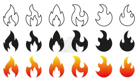 Fire icon collection. Fire flame symbol. Bonfire silhouette logotype. Flames symbols set flat style - stock vector