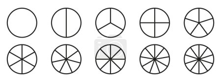 Ilustración de Círculos divididos diagrama 3, 10, 7, gráfico icono circular gráfico de sección de forma. Segmento círculo redondo vector 6, 9 devide infografía. - Imagen libre de derechos
