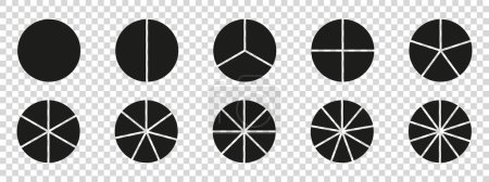 Ilustración de Círculos divididos diagrama 3, 10, 7, gráfico icono circular gráfico de sección de forma. Segmento círculo redondo vector 6, 9 devide infografía. - Imagen libre de derechos
