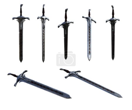 3d render illustration collection fantasy silver sword isolated