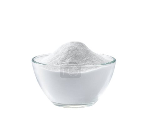 Photo for Glass bowl of baking soda isolated on white background. Glass bowl of sodium bicarbonate  isolated on white background. - Royalty Free Image