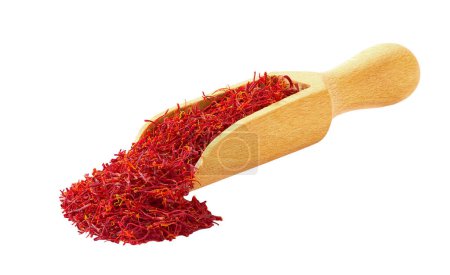 Photo for Saffron thread in a small wooden spoon or scoop isolated on white background. - Royalty Free Image