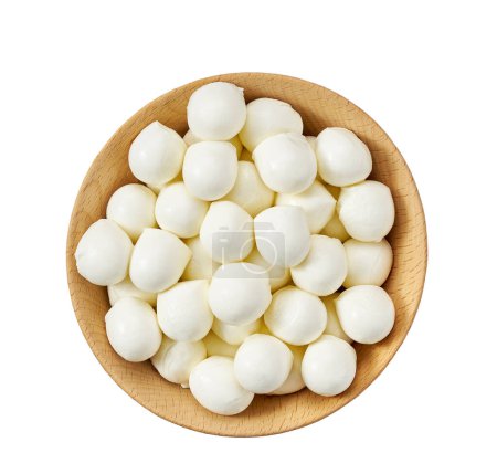 Photo for Wooden bowl with baby mozzarella cheese balls isolated on white background, top view. - Royalty Free Image