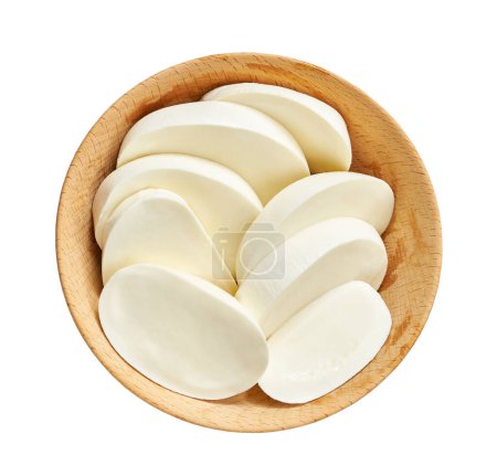 Photo for Pieces of mozzarella Buffalo cheese in a wooden bowl isolated on a white background, top view. - Royalty Free Image