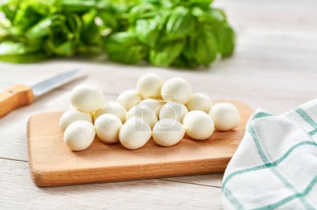 Photo for Baby mozzarella cheese with fresh green basil on a kitchen table. - Royalty Free Image