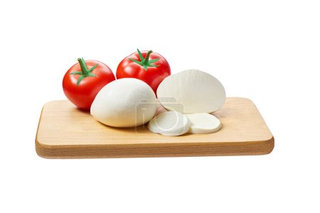 Photo for Mozzarella Buffalo cheese balls with tomato isolated on a cutting board isolated on white background. - Royalty Free Image