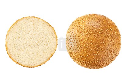 Foto de Sesame seed hamburger bun isolated on white background, top view. Different sides and parts. - Imagen libre de derechos