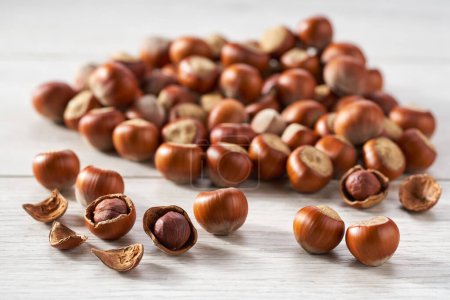 Téléchargez les photos : Organic hazelnut nuts on a white kitchen table, selective focus. - en image libre de droit