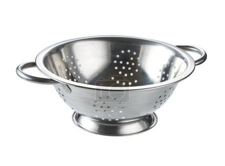 Steel strainer sieve metal bowl isolated on a white background.
