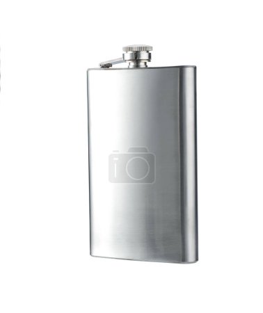 Foto de Hip flask alcohol container metal iron isolated on white background. Stainless hip flask isolated - Imagen libre de derechos