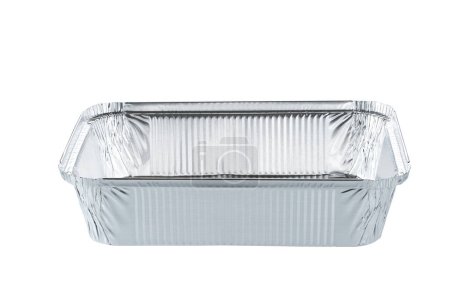 Foto de Aluminum food box disposable isolated on white background, top view. Foil food container tray. Foil food box with takeaway meal - Imagen libre de derechos