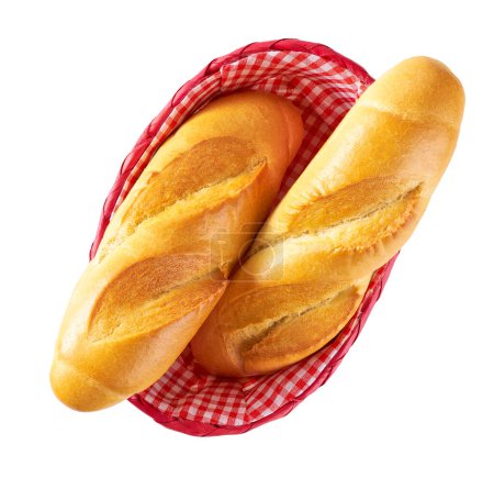 Téléchargez les photos : French baguette pieces in basket isolated on white background with clipping path, top view - en image libre de droit