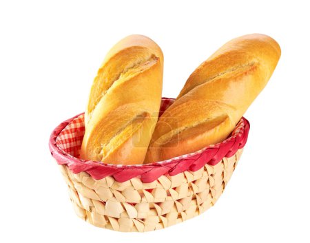 french baguette bread on red gingham check cloth in basket isolated on white.