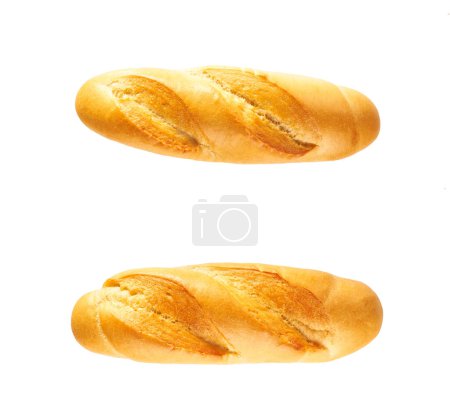 Téléchargez les photos : Close up of two fresh long narrow french baguettes isolated on white background. Turkish pan bread isolated on white background. - en image libre de droit