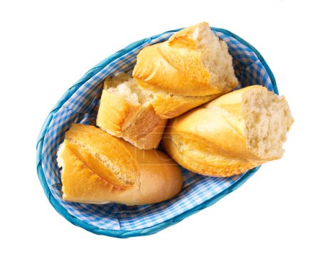 Téléchargez les photos : French baguette bread on blue gingham check cloth in basket isolated on white, top view. - en image libre de droit