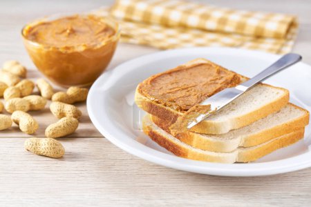 Photo for Peanut butter open sandwich or toast , concept Breakfast for vegetarians. - Royalty Free Image