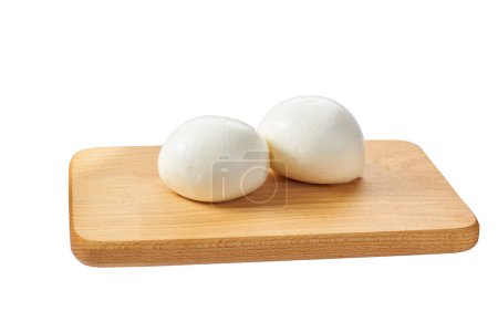 Photo for Soft Italian cheese mozzarella buffalo on a cutting board isolated on white background. - Royalty Free Image
