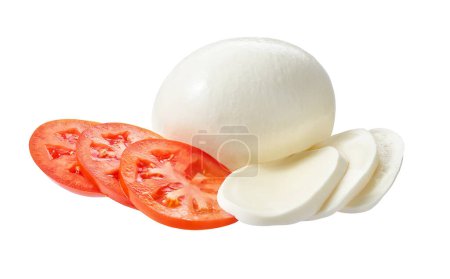 Foto de Queso italiano suave mozzarella buffalo con tomate en rodajas aislado sobre un fondo blanco. - Imagen libre de derechos
