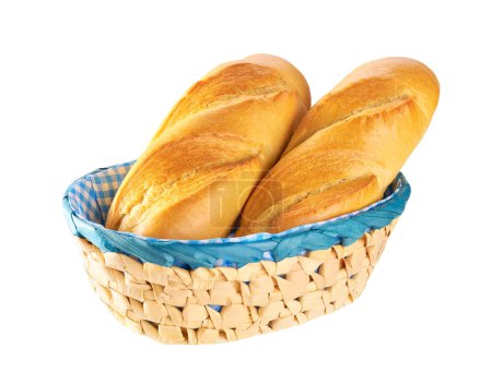 Photo for French baguette bread on blue gingham check cloth in basket isolated on white. - Royalty Free Image
