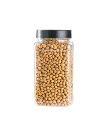 Foto de Plastic storage jar with soybeans isolated on white background. - Imagen libre de derechos