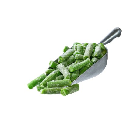 Photo for Small metal spoon or scoop with frozen green beans isolated on white background. - Royalty Free Image
