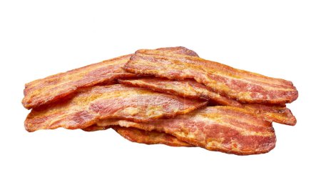 Photo for Pile of fried bacon rashers isolated on white background. large portion of fried bacon. Crispy  fried bacon pieces close up. - Royalty Free Image