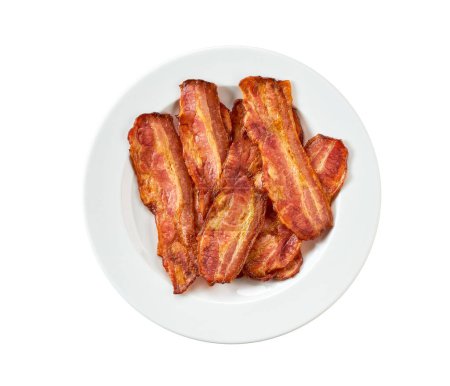 Photo for White plate with cooked bacon rashers isolated on white background. white plate with fried bacon rashers isolated on white background. - Royalty Free Image