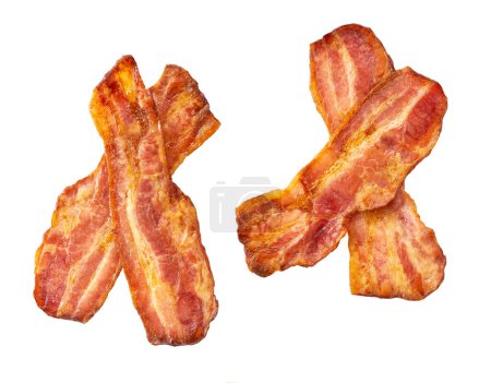 two fried bacon rashers isolated on white background, top view. Crispy rashers of streaky bacon